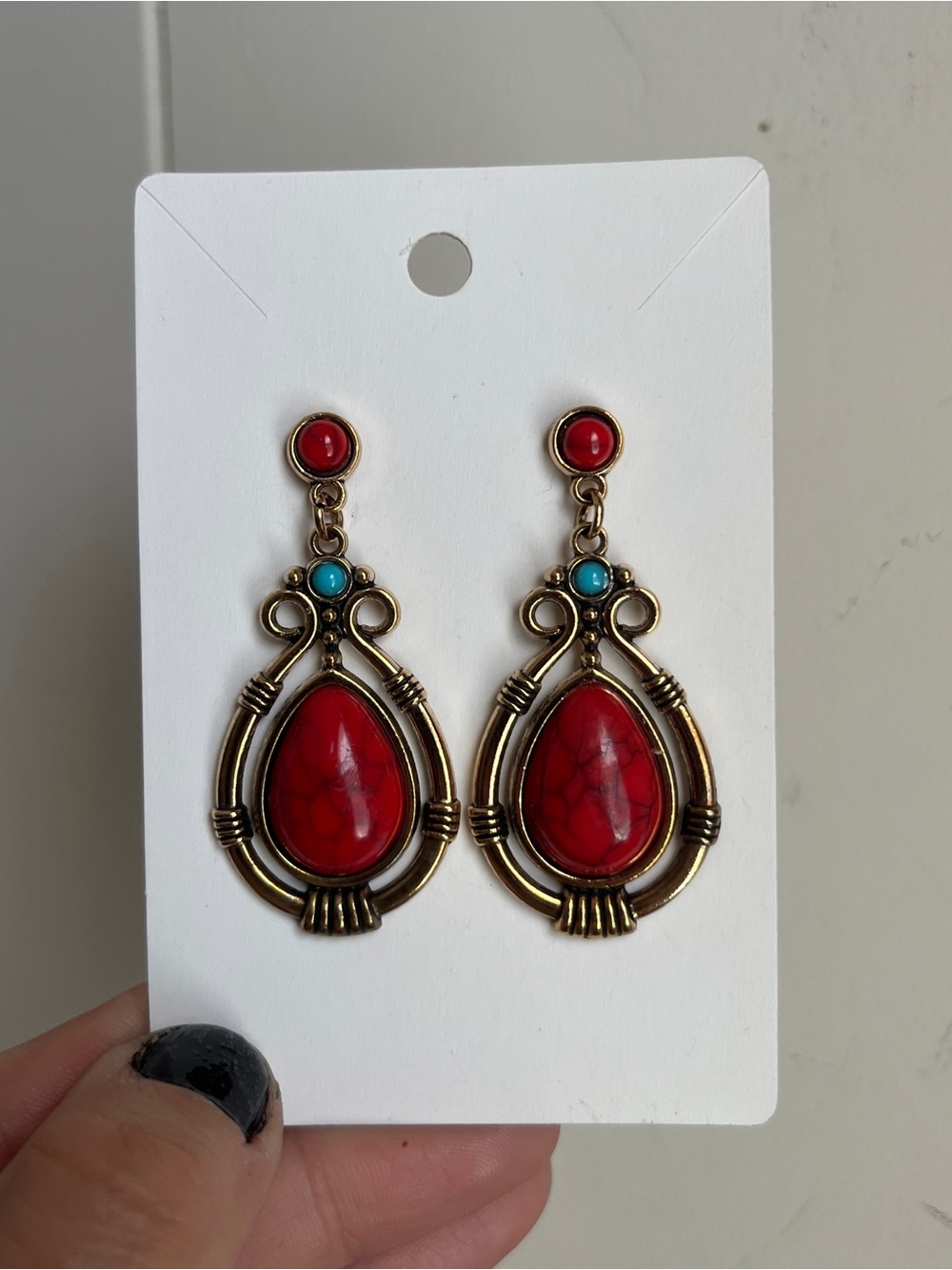 Red Teardrop Dangle Earrings with Turquoise Accent
